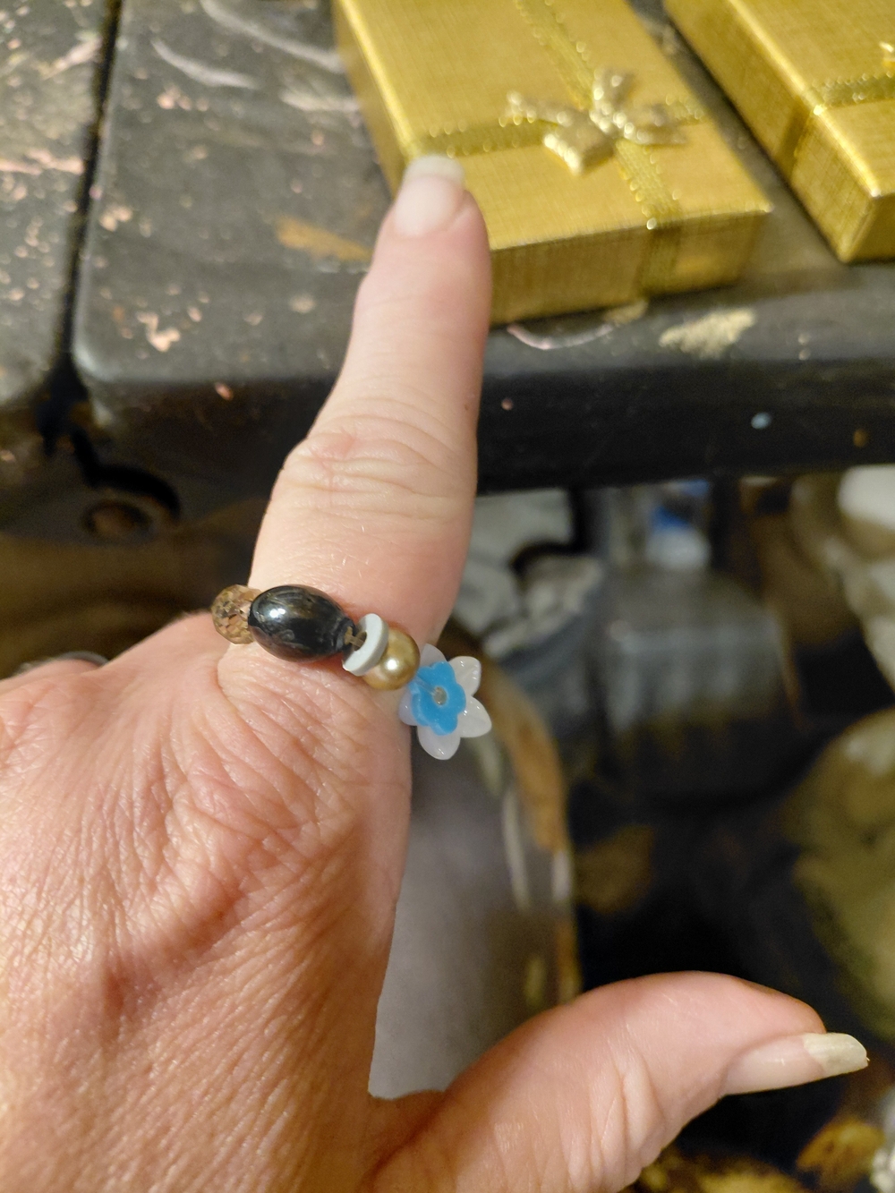Blue Flower Beaded Ring with Mixed Accents - Women's Jewelry